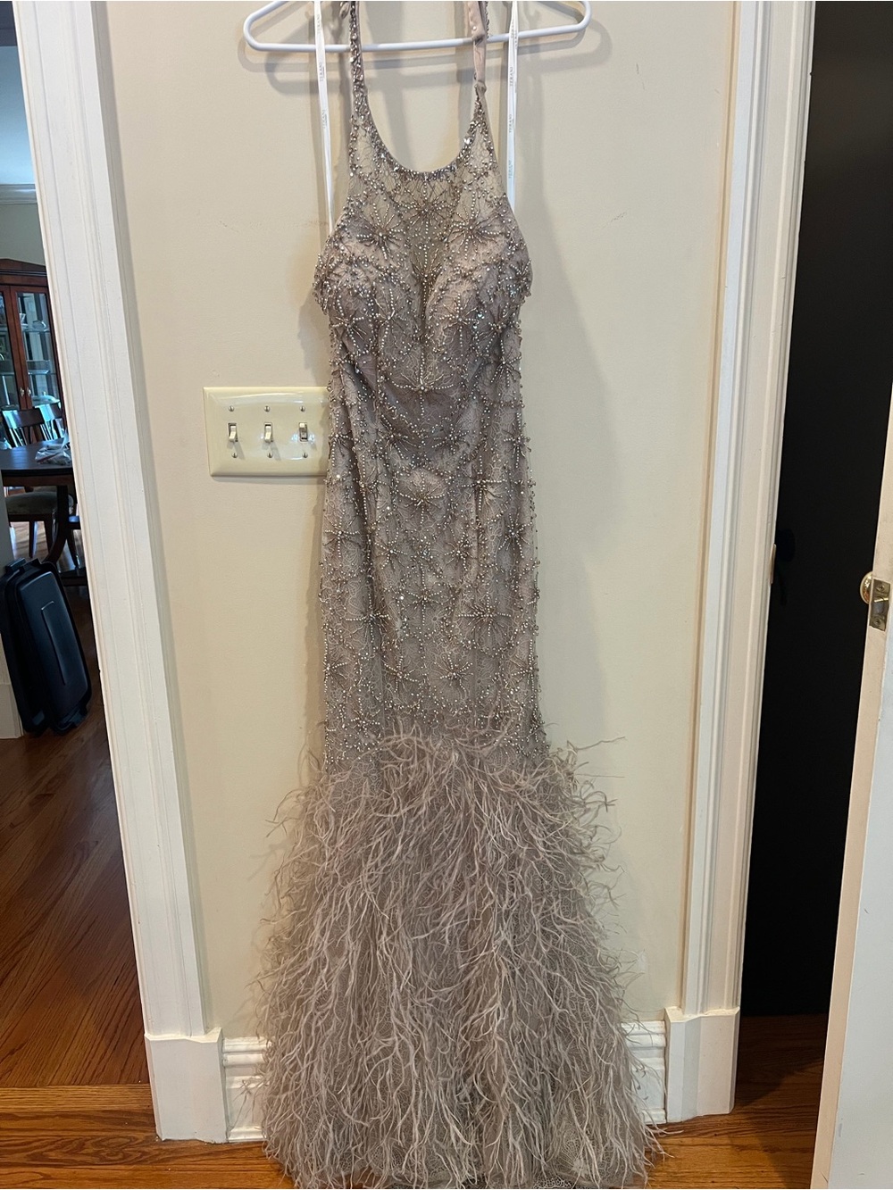 Embellished Feather-Hem Evening Gown in Taupe - Picture 3 of 4